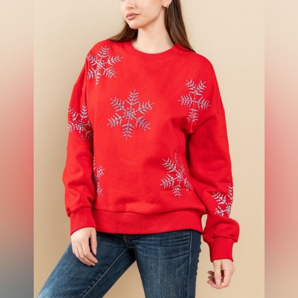 3-1121 *Boutique* Christmas Sparkle Rhinestone Snow Flake Red Sweatshirt Top